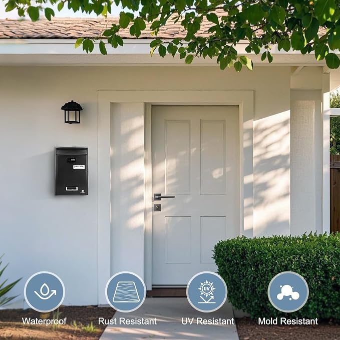 KINGCEPHAS Wall-Mounted Mailbox with Combination Lock,Small Capacity Mail Box for House, Waterproof Postbox,Mailboxes for Outside, 8.5” x 3” x 12.4” (Black)