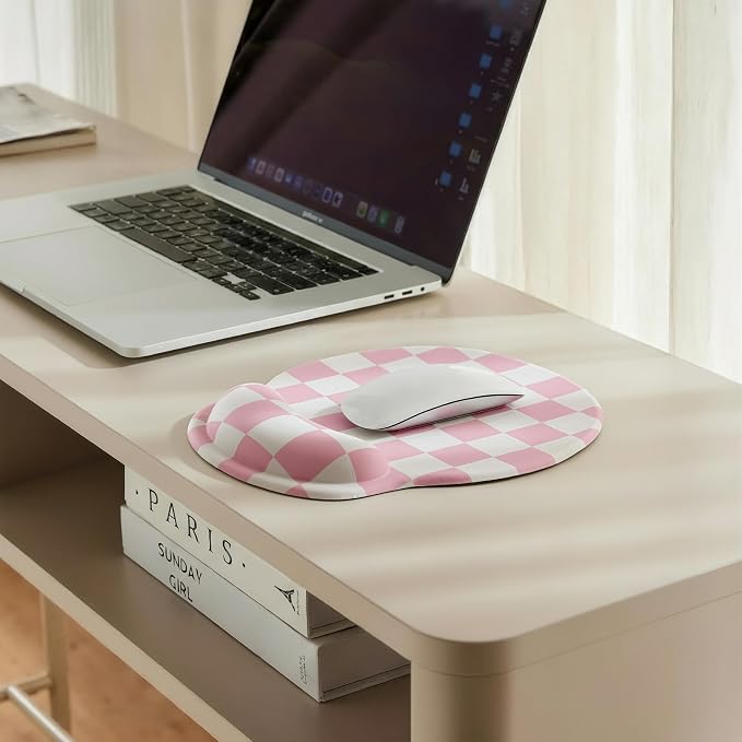 Ohocut Pink Checkered Mouse Pad with Gel Wrist Rest, Wrist Support, Ergonomic Desk Accessories for Girls Women, Office Laptop Gaming Decor, Cute Aesthetic Trendy Check Design