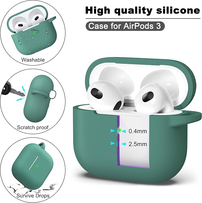 R-fun Compatible with AirPods 3 Case Cover, Silicone Protective Accessories Skin with Keychain Compatible with Apple AirPod 3rd Generation 2021 for Women Men Girls Boys,Front LED Visible,Pine Green