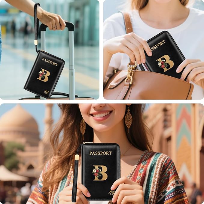Passport Holder for Travel Personalized Wallet with Wristlet Women | Passport Cover, RFID Blocking, Passport Book Holders, Back Coin Pocket, Zipper Closure, Roses Initial Letter, Black B