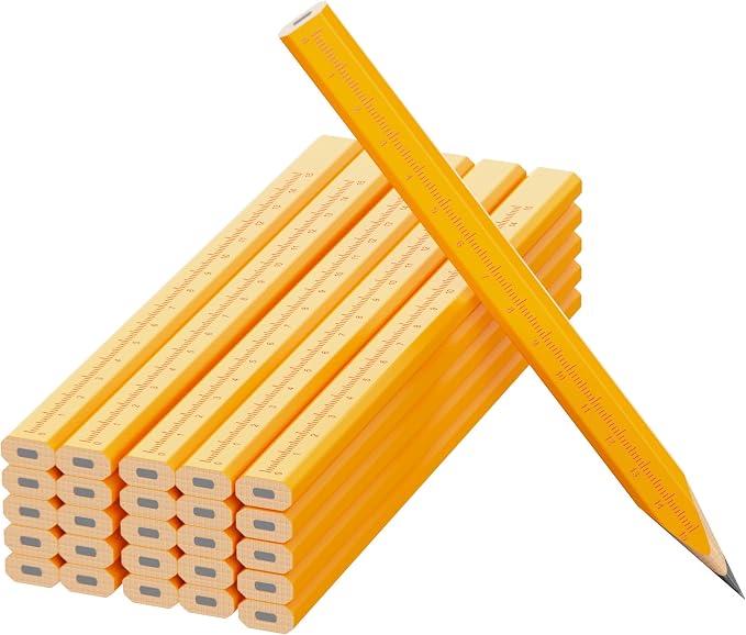 25 Pack Carpenter Pencils with Ruler - Flat Yellow Octagonal Woodworking Pencils for Construction, Marking, Framing - Hard HB Graphite