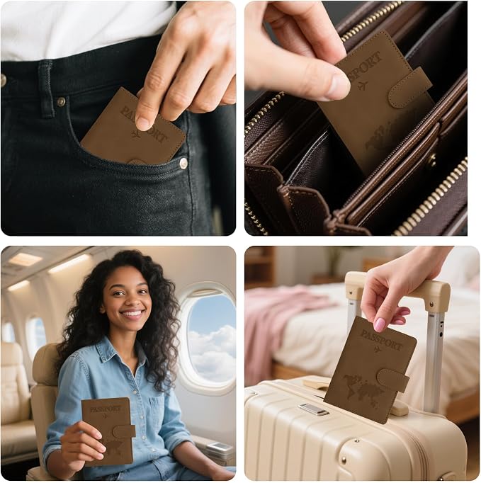 Passport Holder for Travel Essentials, Brown Leather Passport Cover, Passport Wallet Holders for Women Men Family Travel Gifts Must Have Accessories, Credit Card Cash Air Ticket Storage Supplies