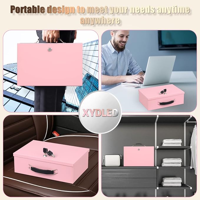xydled Fireproof Document Box with Key Lock, Fire Safe Box, Pink | Fire and water resistant lock box for documents, passports, cash and valuables, keeping secure at home, 12.8 x 8.5 x 4.5 Inch
