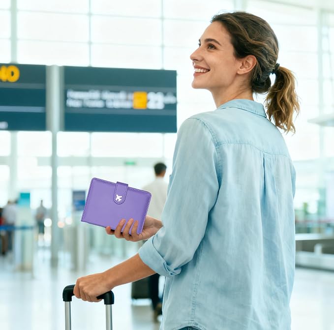 Passport Holder, Cute Travel Wallet Cover with RFID Blocking,Purple | PU leather travel wallet with magnetic closure, card slots, pen loop, and easy access for passports and essentials.