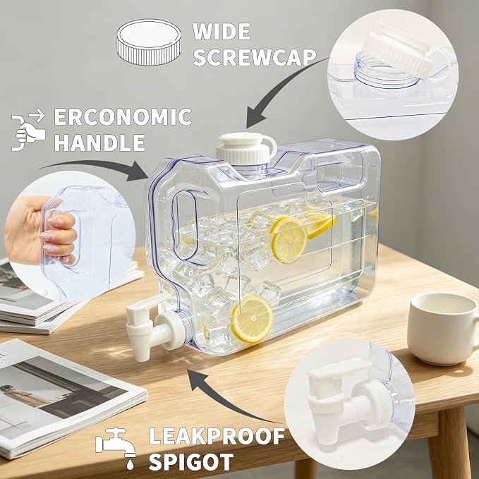 Refrigerator Water Dispenser 1.1 Gallon, Plastic Beverage Dispenser with 2 Spigots,Leak-Proof, Easy-Grip Handle & Easy-Pour Spout, Refillable Container for Fridge, Kitchen, Juice, Daily Use