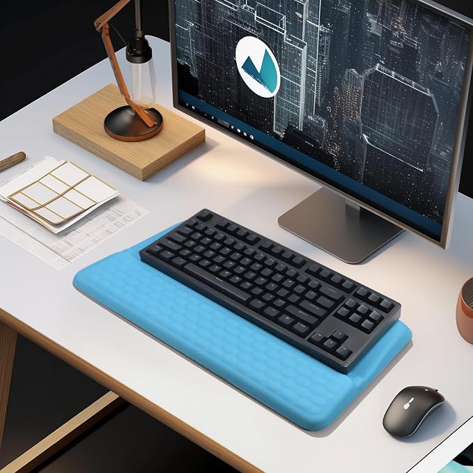 Computer Keyboard Stand with Wrist Rest Support Pad, Blue | Ergonomic Comfy Tilted Keyboard Stand Riser Holder Pad for Pain Relief, Soft Memory Foam Desk Cushion for Office Home