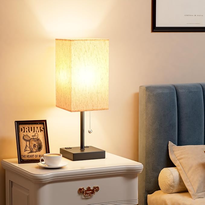 Bedside Lamp for Bedroom - 3 Color Temperatures, USB A+C, 2 AC Outlets | Pull Chain Switch, LED Bulb Included, Cream Fabric Shade, 17.4" Table Lamp for Nightstand, Desk, Living Room, Office