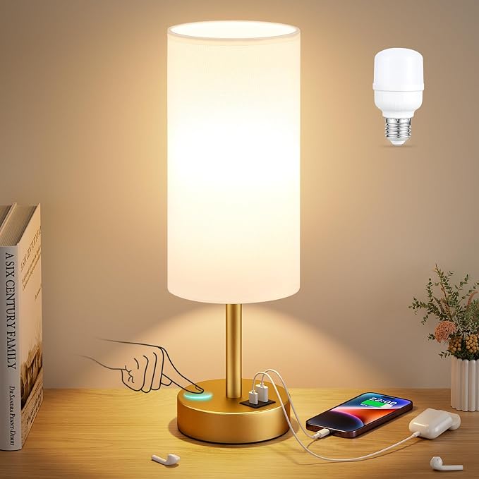 Dicoool Bedside Table Lamp for Bedroom - 3-Way Dimmable Touch Lamp, USB A+C | LED Bulb Included, 14" Small Nightstand Lamp for Desk, Living Room, Guest Room, White Fabric Lampshade, Gold Metal Base