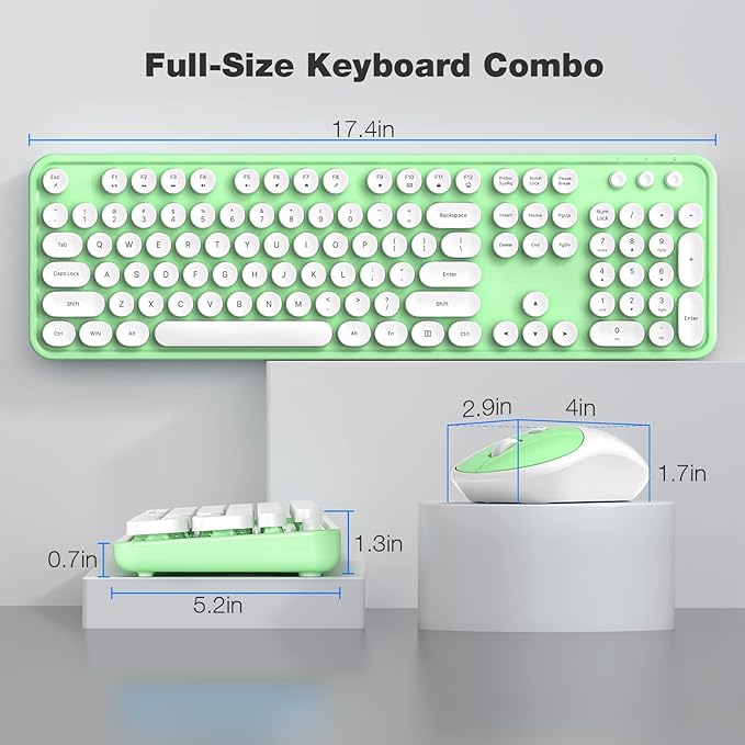MOFII Wireless Keyboard and Mouse Combo, Computer Full Size 2.4G Plug and Play Wireless Typewriter Retro Round Keyboard and Mouse Set for Windows, Computer, Desktop, PC, Notebook - (Light Green)