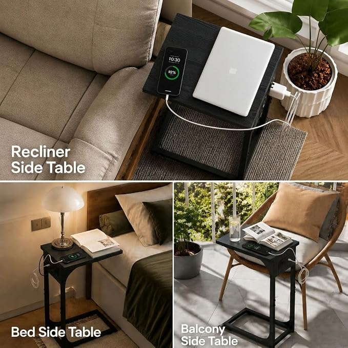 TEMI C Shaped End Table for Couch with Charging Station, Small Side Table TV Tray for Eating or Laptop, Accent Desk for Sofa or Chair, Space Saving Living Room Bedroom, Black