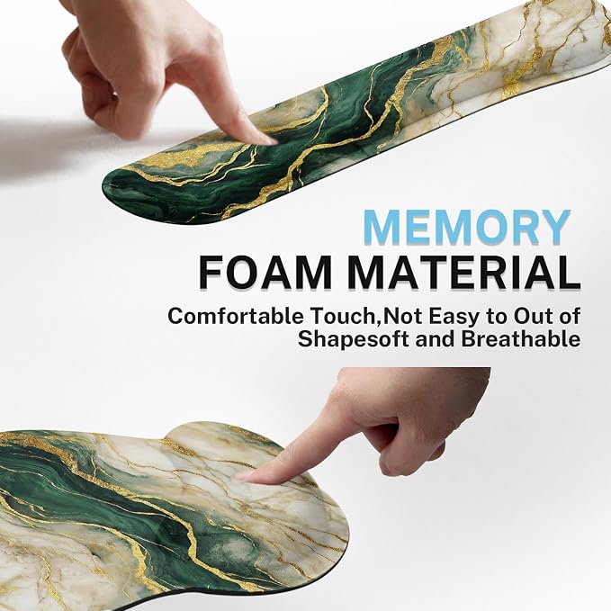 Ergonomic Mouse Pad Set with Wrist Rest, Gold Green Marble | Abstract Non-Slip Rubber Base Wrist Cushion Support and Coasters Mousepad with Wrist Support for Computer Keyboard