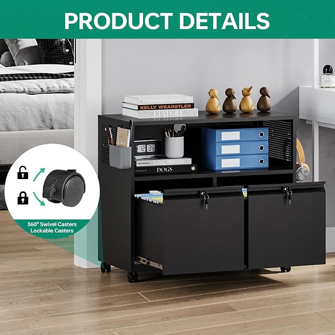 Mobile 2 Drawer File Cabinet with Lock, Metal Lateral Printer Stand Filing Storage Cabinets with Shelves for Home Office-A4/F4/Letter (Black)