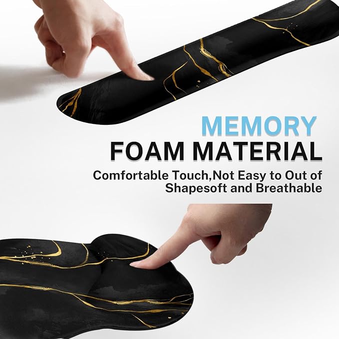 Ergonomic Mouse Pad Set with Wrist Rest, Black Gold Marble | Abstract Modern Non-Slip Rubber Base Wrist Cushion Support and Coasters Mousepad with Wrist Support for Computer Keyboard