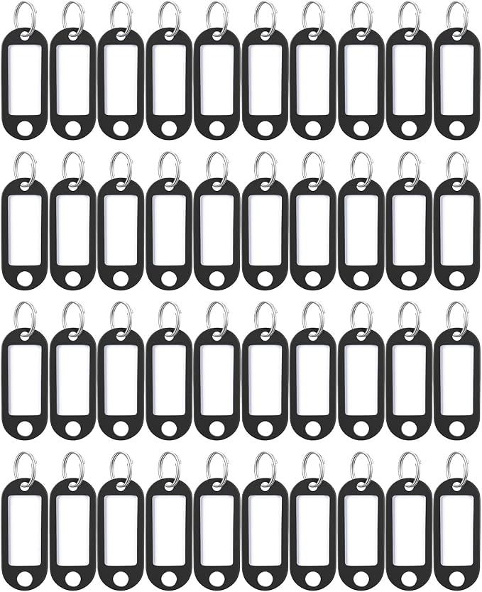 Uniclife 40 Pieces Key Tags 2 Inch Soft Plastic Key Chain Tags with Blank Paper Labels Clear Windows Protective Films and Split Rings Flexible Item Identifiers, Black