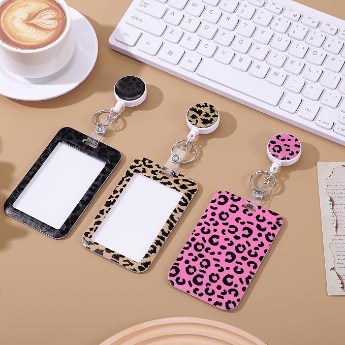 3 Set ID Badge Holder with Retractable Reel, Leopard Retractable ID Badge Holders with Clip Name Badge Holders for Teacher Nurse Doctor Student Office Gift for Coworkers