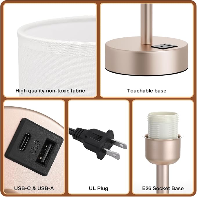 Dicoool Bedside Table Lamp for Bedroom - 3-Way Dimmable Touch Lamp, USB A+C | LED Bulb Included, 14" Small Nightstand Lamp for Desk, Living Room, Dorm, White Fabric Lampshade, Antique White Metal Base