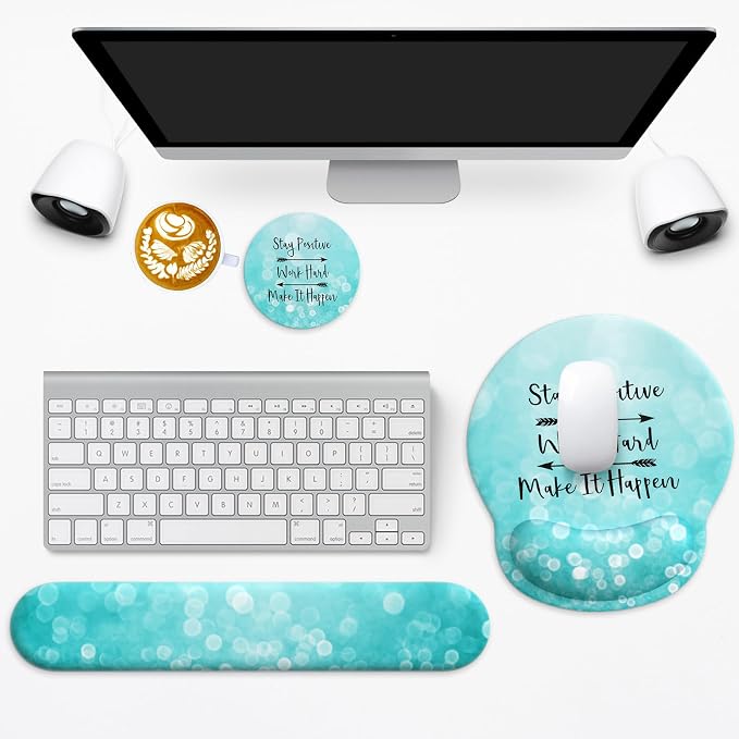 3 in 1 Ergonomic Mouse Pad and Keyboard Wrist Rest with Coaster Set-Green | Cute Large Mousepad with Gel Wrist Support for Gaming Computer Laptop Women Office Home Desk Decor