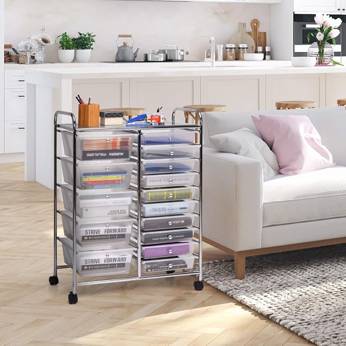 15 Drawer Rolling Storage Cart, Rolling Cart with Drawers for Classroom, Art Supply Craft Organizer on Wheel with Metal Frame & Handles for Home Office School