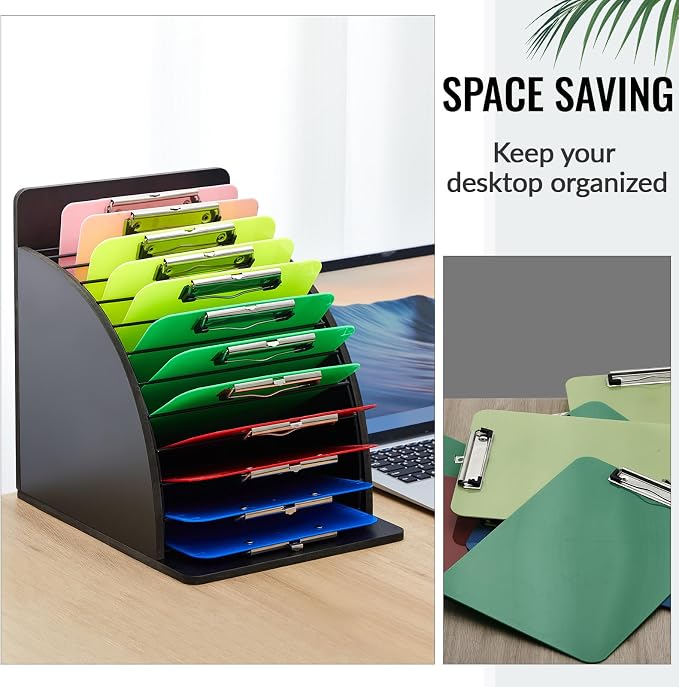 Wonderjune 1 Pack Clipboard Holder Wooden Metal Clipboards Storage Rack with Raised Side Panel, Back to School Supply for Classroom Office School Teacher, Clip Boards Not Included(Black)