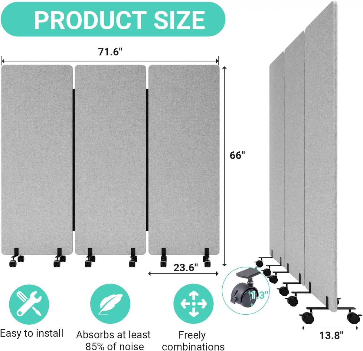 Soundproof Room Divider with Wheels, 66in Office Dividers for Sound Proofing & Reducing, 3 Panel Sound Proof Dividers for Office Partitions Portable Temporary Wall Acoustic Wall Divider,Light Grey