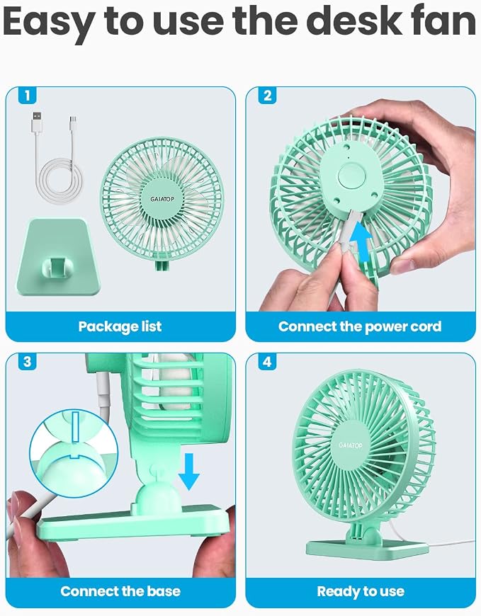 Gaiatop USB Desk Fan, Small But Powerful, Personal Portable Quiet 3 Speeds, Adjustable Mini Table Desktop fan for Cooling Home Office Car Summer Travel Gifts Green