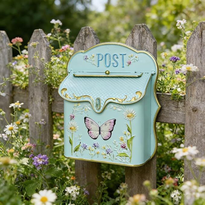 Mailbox Wall Mount Mailboxes for Outside Vintage Mail Boxes for House Outside Metal Drop Box Antique Style Nostalgic Charm Home Decorative Butterfly Green