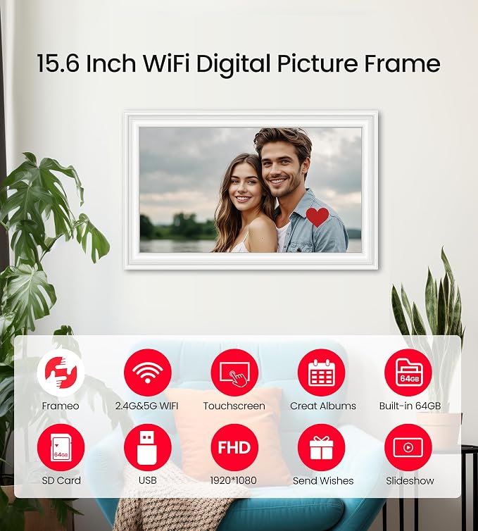 BIGASUO 15.6" Digital Picture Frame, 64GB WiFi Digital Frame Frameo with 1920x1080 FHD IPS Touch Screen, Share Photos Videos via Frameo App, Support SD/USB Drive, Best Gifts for Parents/Grandparents