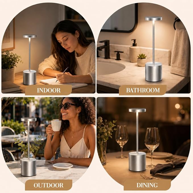AUDLES Silver Rechargeable Table Lamps 2 Pack, Cordless Battery Operated LED Desk Lamp with Touch Control, 3 Color Temperatures, Dimmable Portable Lamps for Bedroom, Dining Room, Patio, Restaurant