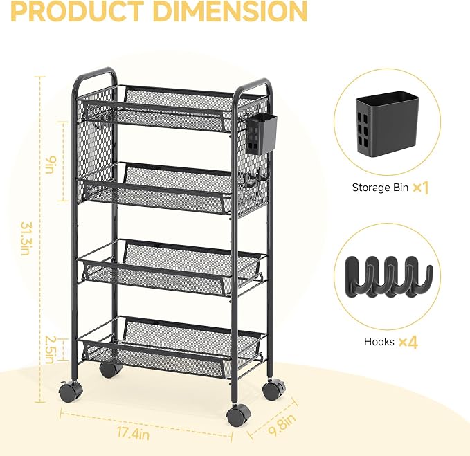 KINGRACK 4 Tier Rolling Cart, Metal Utility Storage Cart with Pegboard | Screwless Assembly, Lockable Wheels, 4 Hooks & 1 Bin, Mobile Organizer for Bathroom Kitchen Office Craft Room Laundry, Black
