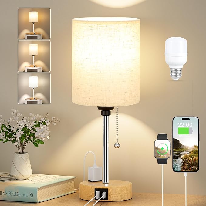 Small Bedside Table Lamp for Bedroom, Desk Lamp with USB Ports for Dorm | USB A+C Ports, AC Outlet, 3 Color Temperatures, LED Bulb Included, Linen-Fabric Shade, Wood Grain Base, 14" Night Stand Lamp
