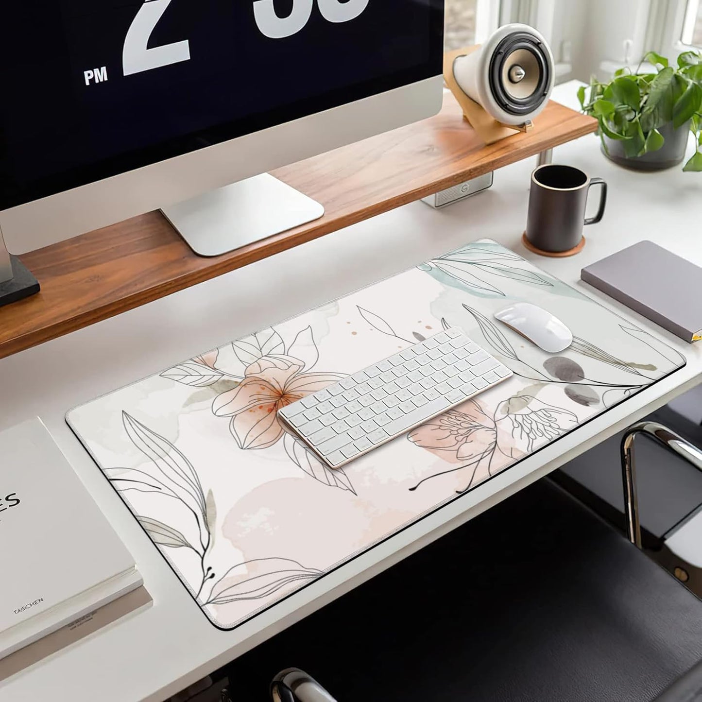 Desk Mat, Abstract Boho Flowers Extended Large Gaming Mouse Pad for Desk XXL, Non-Slip Rubber Base Stitched Edges Long Computer Keyboard Desk Pad Mouse Mat for Home Office Gaming 35.4"X15.7"