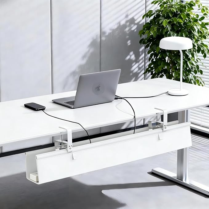 Oxford Cloth Under Desk Cable Management Tray,No-Drill 48" Desk Cable Management Organizer with Clip/Screw Installation,Fabric Cable Management for Home,Office & Gaming Computer(White)