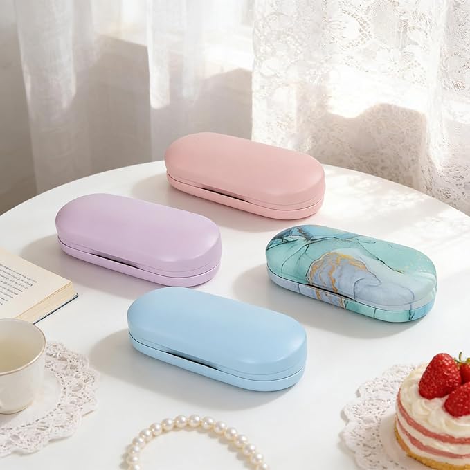 2 in 1 Contact Lens Case and Eyeglasses Case for Women Men Kids, Double Sided Hard Shell Portable Glasses Travel Holder with Built-in Mirror, Contact Lens Box (Green Marble)