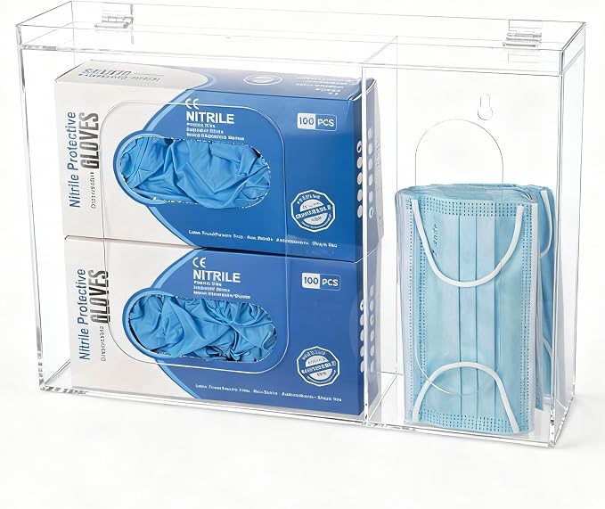 SEANADO Acrylic Disposable Glove Holder for Wall Mount or Tabletop , Clear Glove Box Organizer Rack Dispenser with Lid for Tissues, Beard Cover, Face Masks, Bags,Hairnet and Shoe Covers