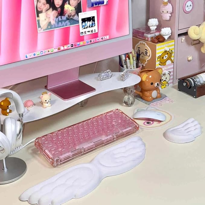Angel Wing Wrist Rest Ergonomic Memory Foam Wrist Rest for Computer Keyboard Mouse Set with Cup Mat, Cute Gaming Keyboard Cushion Hand Support PU Leather Surface Anti-Slip Waterproof(White)