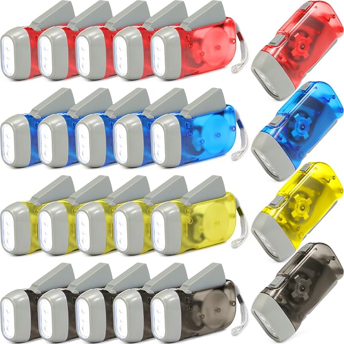 Mudder 24 Pack Hand Crank Flashlight No Battery Emergency Flashlight, Self Powered Portable Light Dynamo Torch for Survival Kit Outdoor Hiking Emergency(Yellow, Red, Grey, Blue)