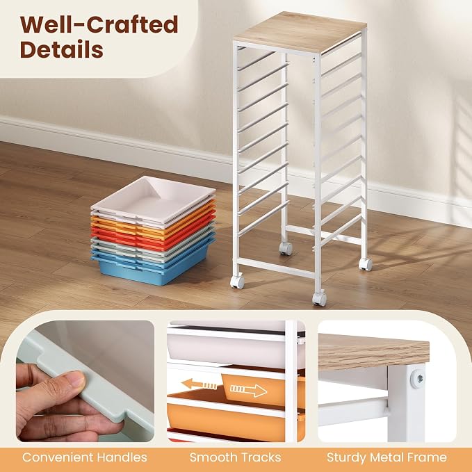 Giantex Rolling Storage Cart with 10 Drawers, Utility Cart w/Wooden Tabletop, Lockable Wheels, Multipurpose Organizer for Art Craft Books Paper, Drawer Carts for Dorm Classroom Office, Macaron