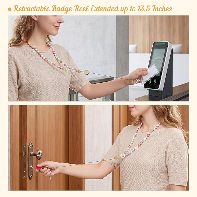 Teacher Lanyard with ID Holder Cute Beaded Lanyards for ID Badge Holders Retractable Badge Reel (Heart)
