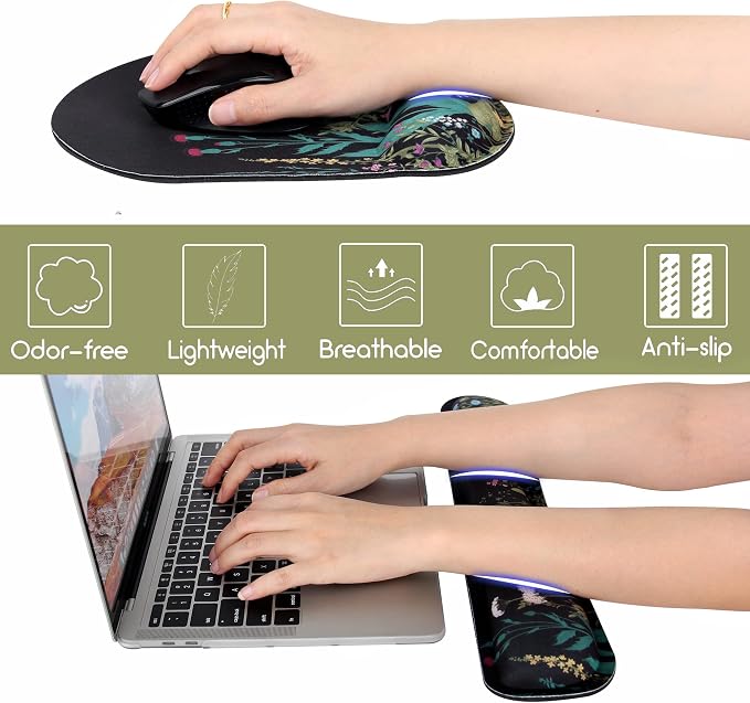 Ergonomic Mouse Pad with Wrist Rest and Keyboard Wrist Rest, Mousepad | Memory Foam Wrist Rest for Computer Keyboard, Pain Relief, Non-Slip Base, Black Mouse Pad Wrist Support for Gaming, Flower