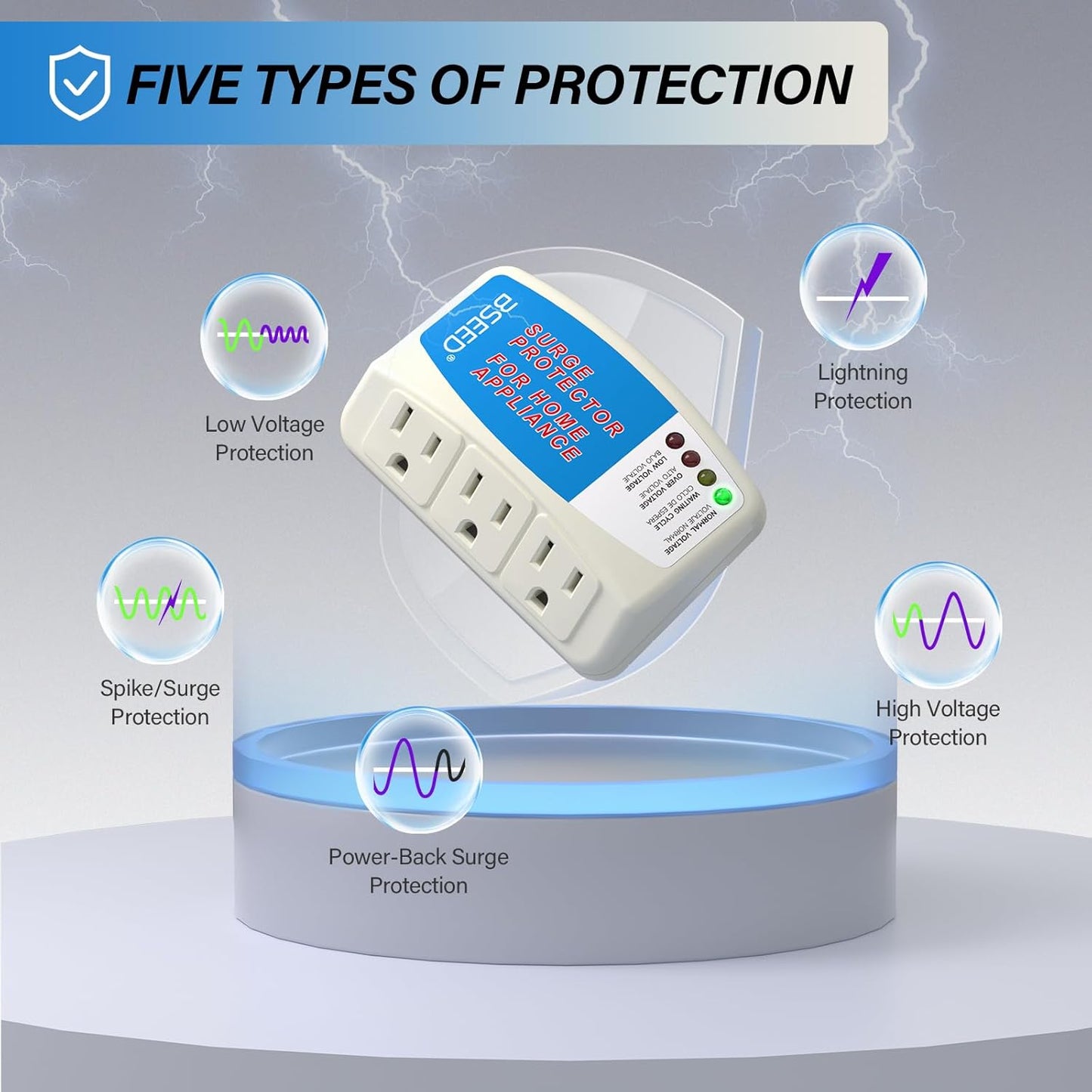 BSEED Voltage Protector, 3 Outlet Plug in Surge Protector for Home Appliance Multi Function Plug with Protection Wall Mount Power Suppressor for TV/PC/Refrigerator 125V, 1875W, 1 Pack