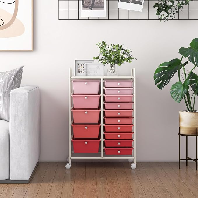 GLACER 15 Drawers Rolling Storage Cart, Steel Frame Craft Organizer Cart | Utility Cart w/Lockable Wheels & Sleek Handle, Mobile Art & Tool Supply Trolley for Teacher, Home, School, Office (Pink)