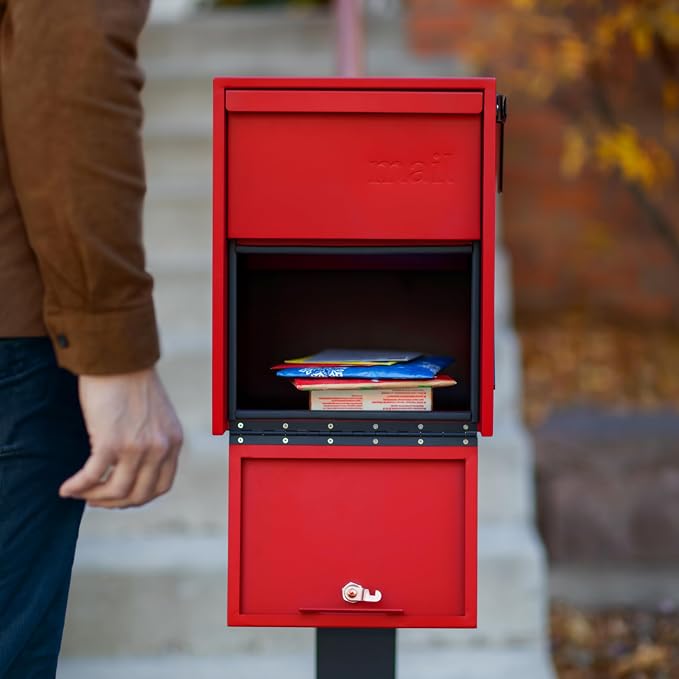 Adoorn Lockable Post Mount Mailboxes for Outside - Large Anti-Theft Locking Mailbox for Packages and Letters - Weatherproof Construction - Durable Steel - 15.5" H x 12" W x 18.5" D - Red