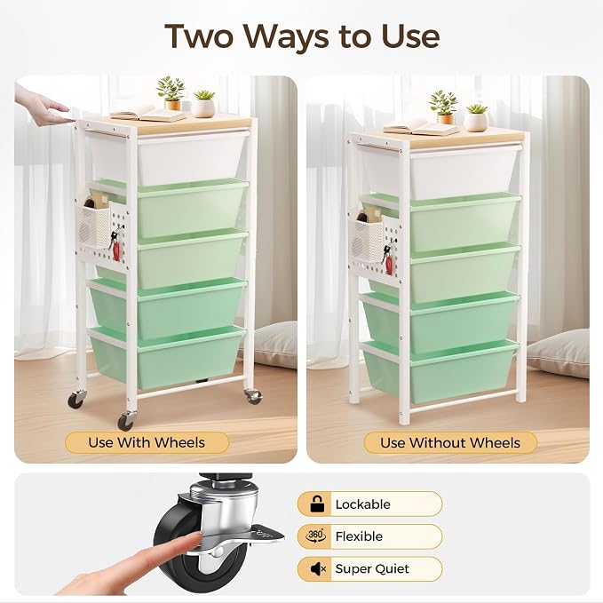 Rolling Cart with 5 Drawers, Plastic Drawer Storage Carts with Wheels & Wooden Tabletop, Metal Utility Cart with Pegboards, Office Living Room Classroom Craft Organization and Storage, Bright Green