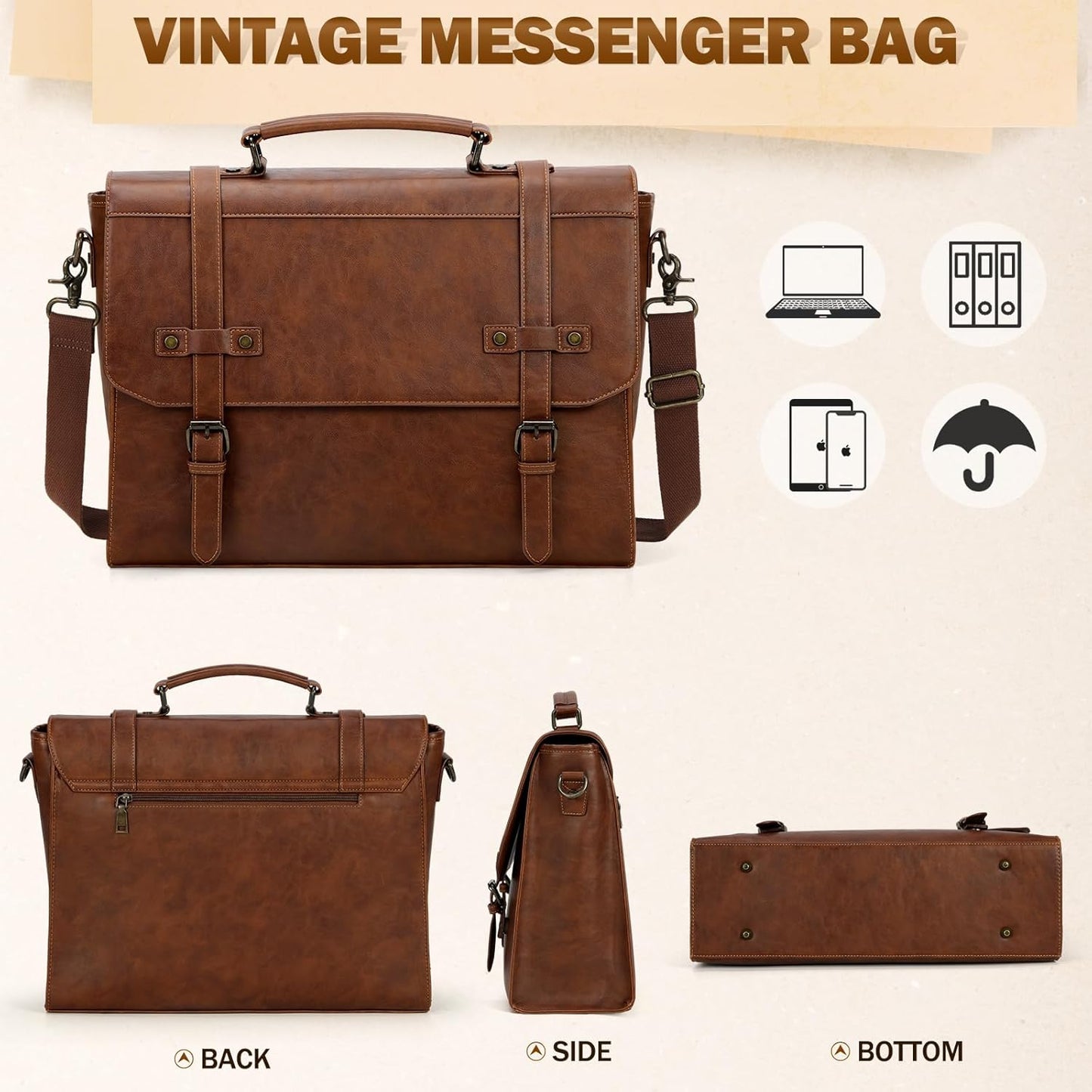 RAINSMORE Mens Messenger Bag 18 Inch Waterproof Vintage Leather Laptop Briefcase Large Laptop Bag Satchel Bag Computer Shoulder Bag for Office Business Travel College,Brown