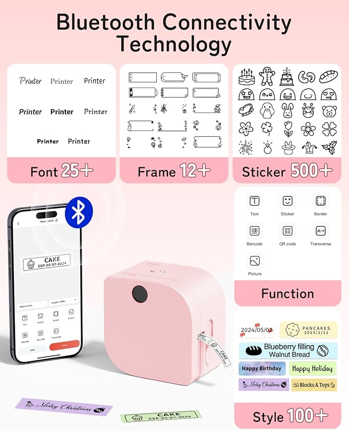 Phomemo Label Maker Machine with Tape, P12 Bluetooth Small Label Makers with Multiple Templates Ribbon Printer Machine for School, Name Tag, Home, Office, Kitchen, Gift Wrap, Pink