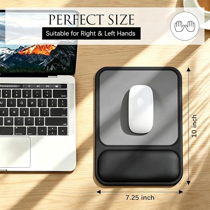 JIKIOU Ergonomic Mouse Pad with Gel Wrist Rest, 10 x 7.25 in, Black | 40% Larger Rectangular Design-No More Hitting Edges Mid-glide, Savior of Pain Relief, Smooth Lycra Surface, Non-Slip PU Base