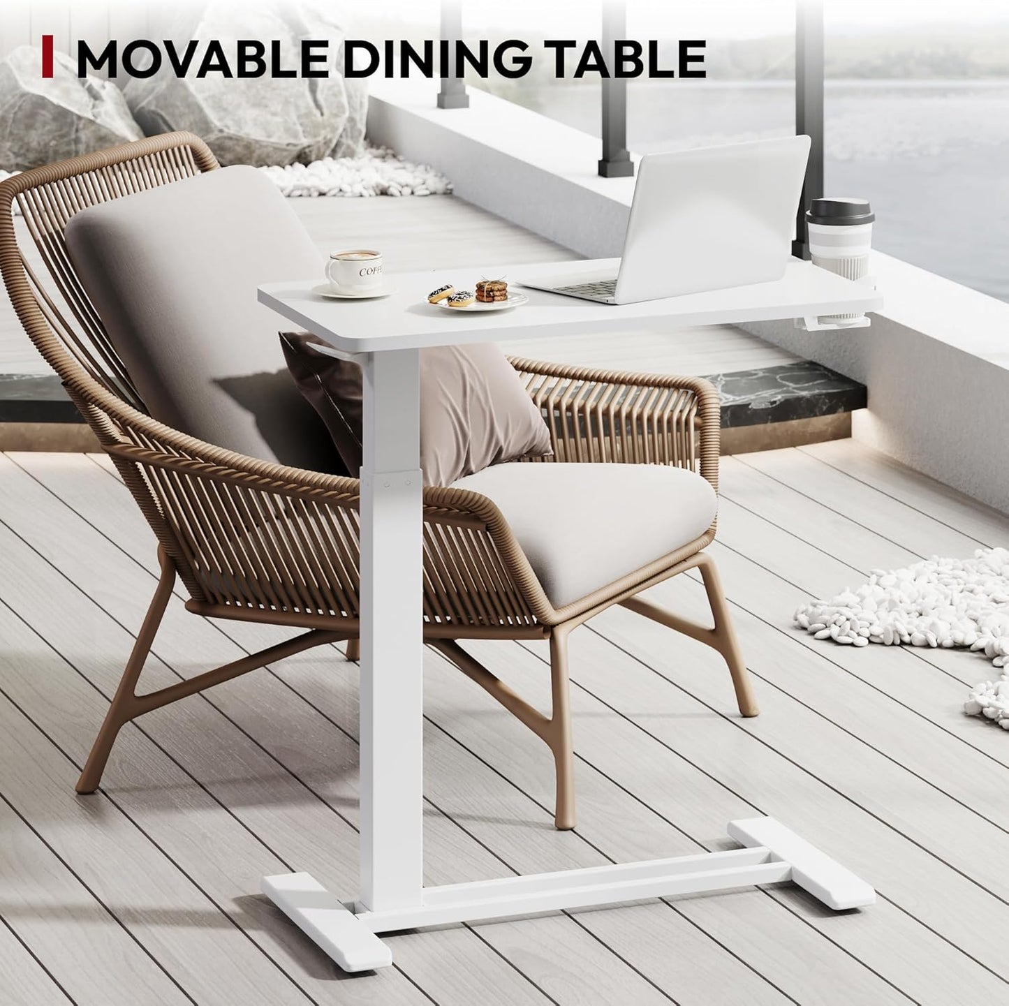 SANODESK Mobile Standing Desk with Hidden Wheels,Pneumatic Laptop Desk Rolling Computer Cart Movable Height Adjustable Small Sit Stand Desk for Home Office(27.6" W x 15.7" D, White)