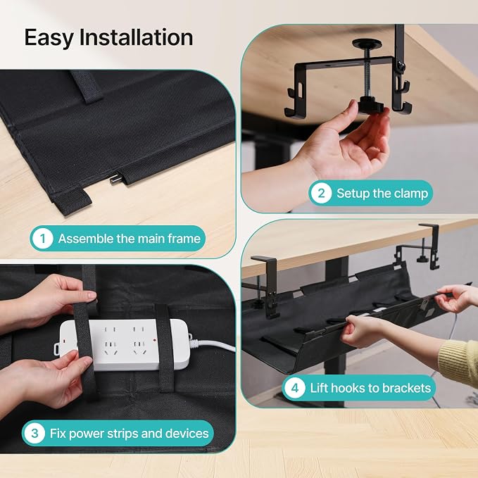 PEGZONE No Drill Under Desk Cable Management Tray, 31.5" Fabric Organizer | Clamp/Screw Premium Mount Cord Holder, for Power Strips, Adapters, with 2 Hooks & 1 Tie Roll for Home Office Gaming, Black