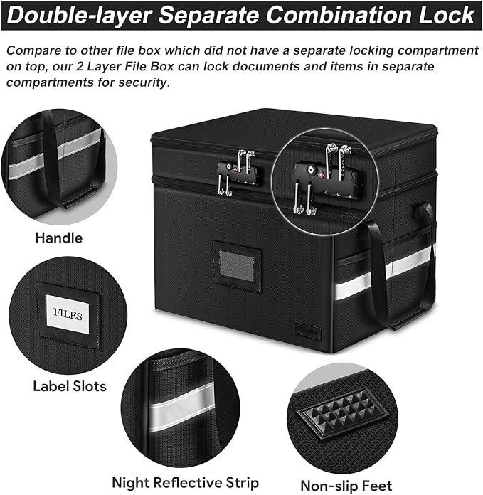 Fireproof File Oganizer with Lock, 2 Layer Fireproof Document Storage Box | Portable Office File Cabinet with 5 Tab Inserts, Collapsible File Storage for Hanging Letter, Legal Size Folder, Certificate