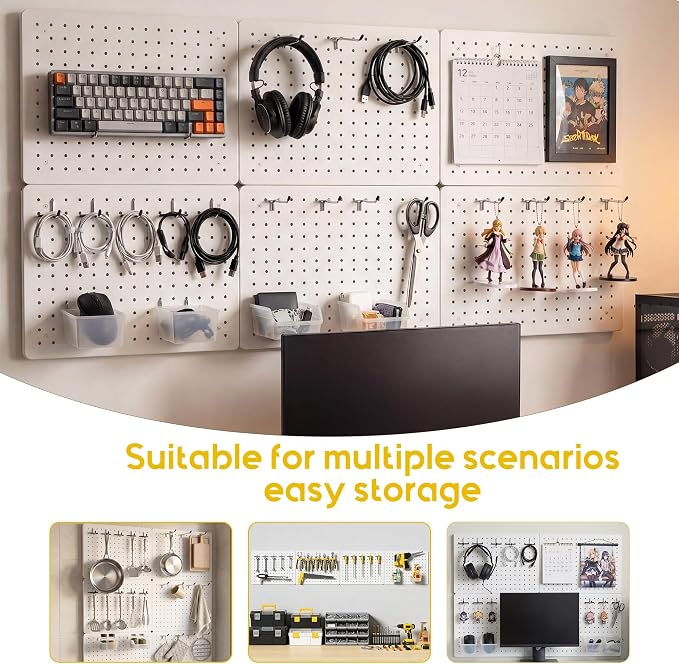 Metal Pegboard Wall Organizer, 4 Pack 16 x 12 in White Panels with Hooks | 36 hooks, 6 clear bins, 30 peg locks, modular tool and small parts storage for garage, workshop, office, and craft room